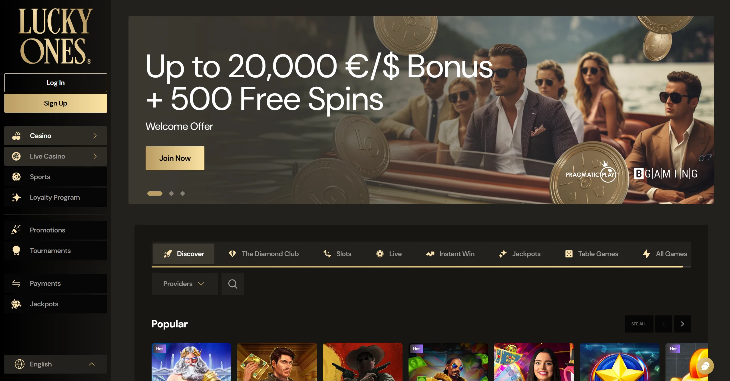 LuckyOnes homepage with welcome offer up to $20,000